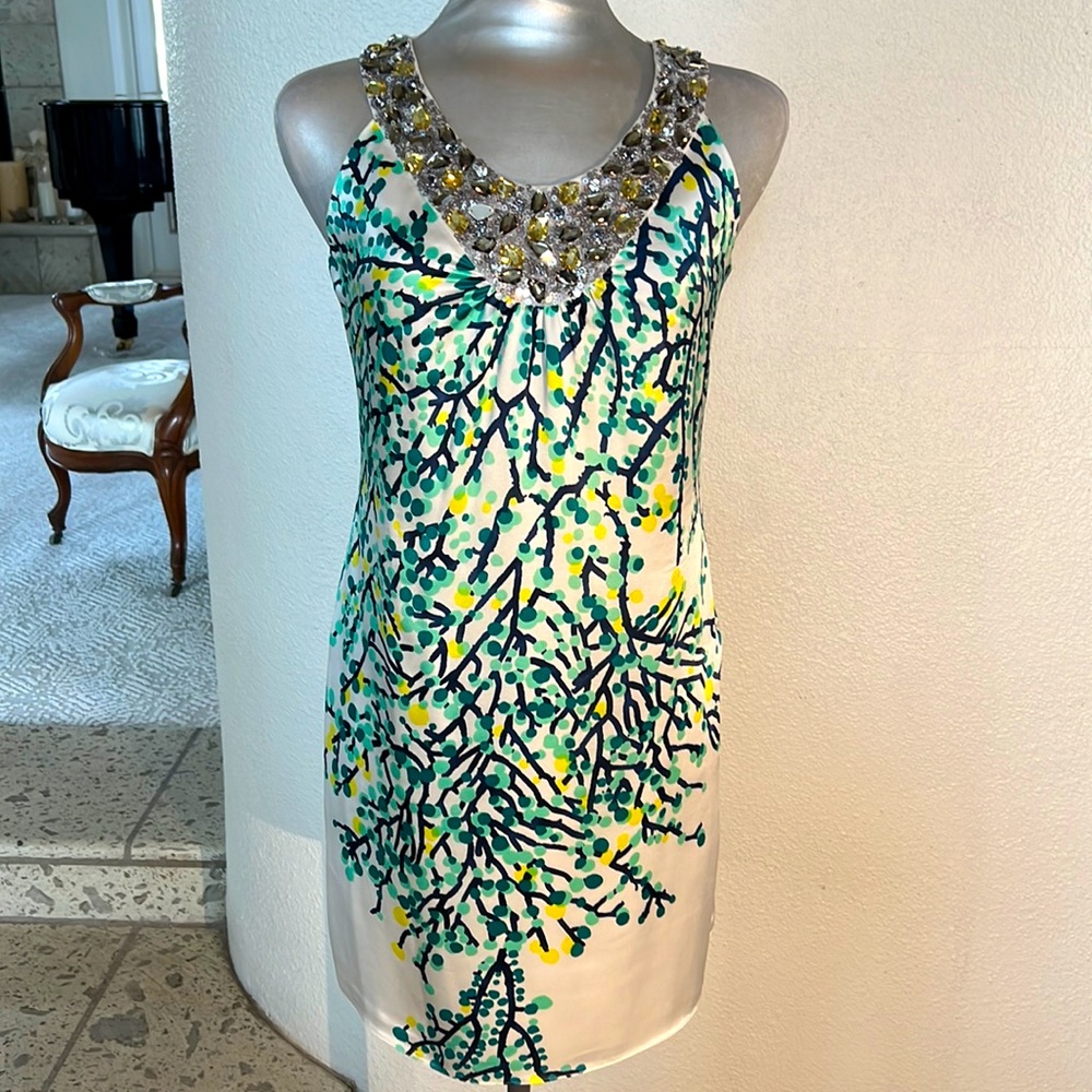 Nautical fabulous Magaschoni dress with silver sequin embellishments.